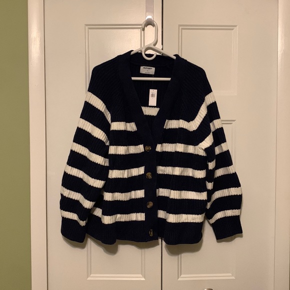 NWT Old Navy Button Down Knit Sweater Navy and White, Cotton/Nylon/Polyster/Wool - Picture 1 of 6